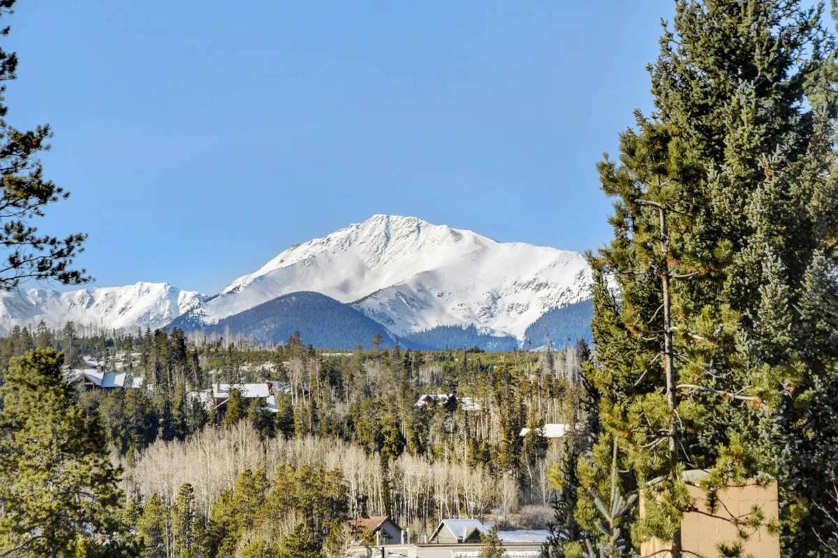 A sweeping view of snow-capped mountains and pine trees behind distant homes, capturing the breathtaking natural beauty and the outdoor adventure possibilities that define the Winter Park area.