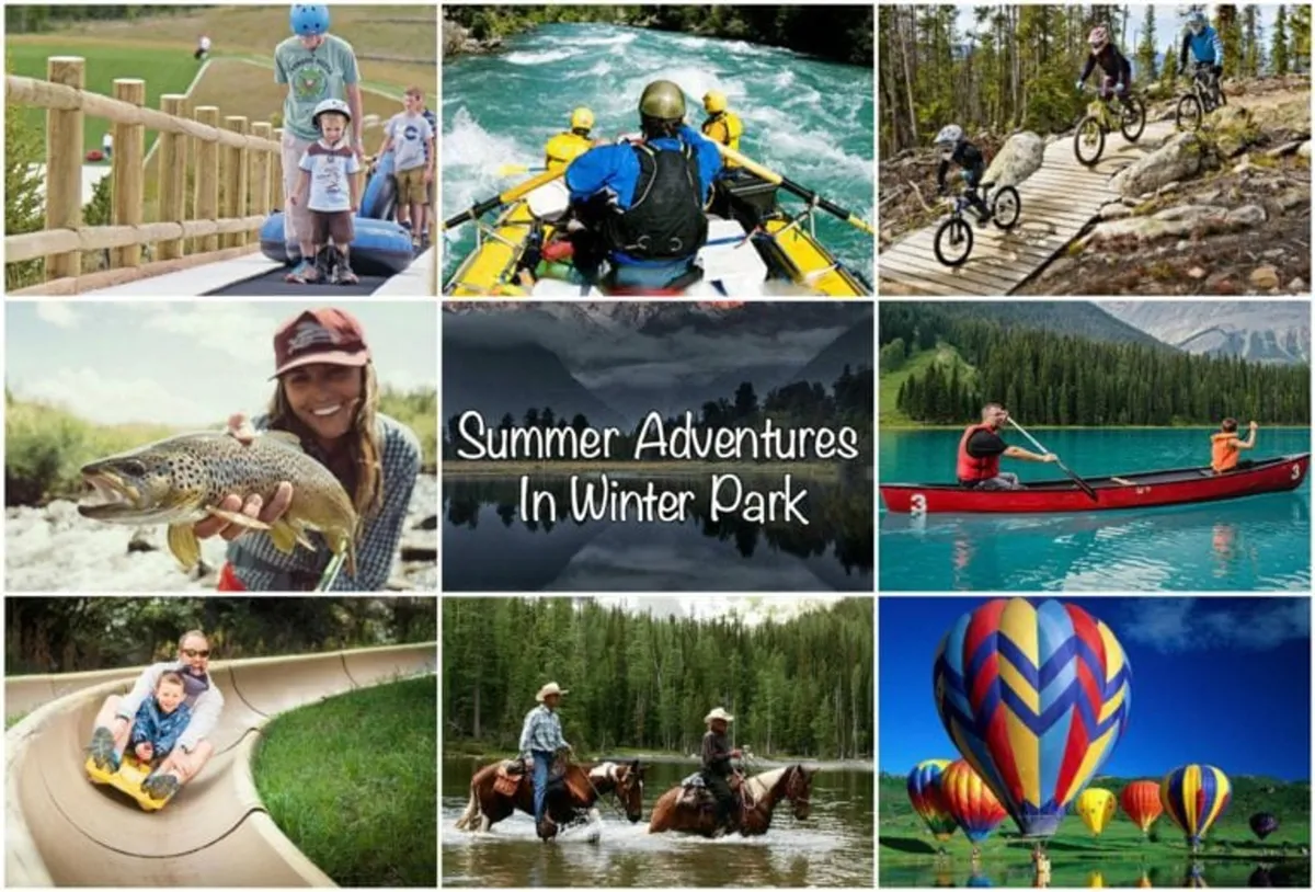 An adventurous, colorful illustration of children and families participating in various summer activities: rafting, biking, fishing, canoeing, horseback riding, and playing on a playground, all set against a scenic outdoor backdrop. Hot air balloons and rivers add to the sense of fun and variety.
