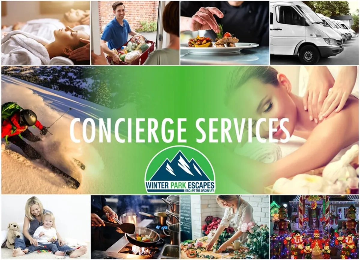 A mood board-style montage featuring spa treatment, concierge services text, and family interactions such as cooking and skiing. The spa treatment and relaxed mood reinforce the idea of in-home wellness experiences arranged through concierge.