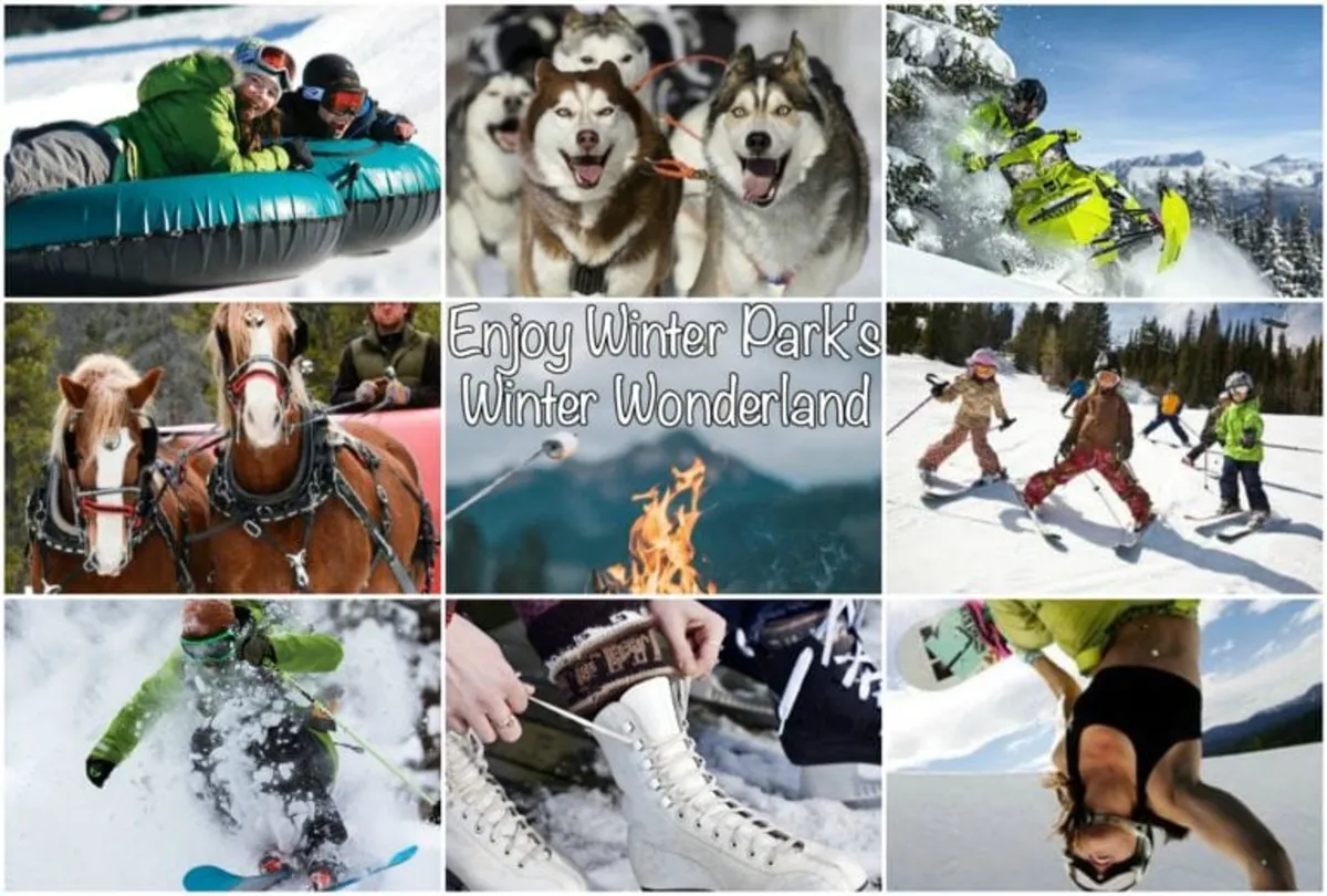 A lively winter scene showcasing families and children enjoying a variety of snow activities, including tubing, snowmobiling, dog sledding, sleigh rides, and gathering around a fire pit. The landscape is snowy and vibrant, with the joyful energy of group adventure clearly visible.