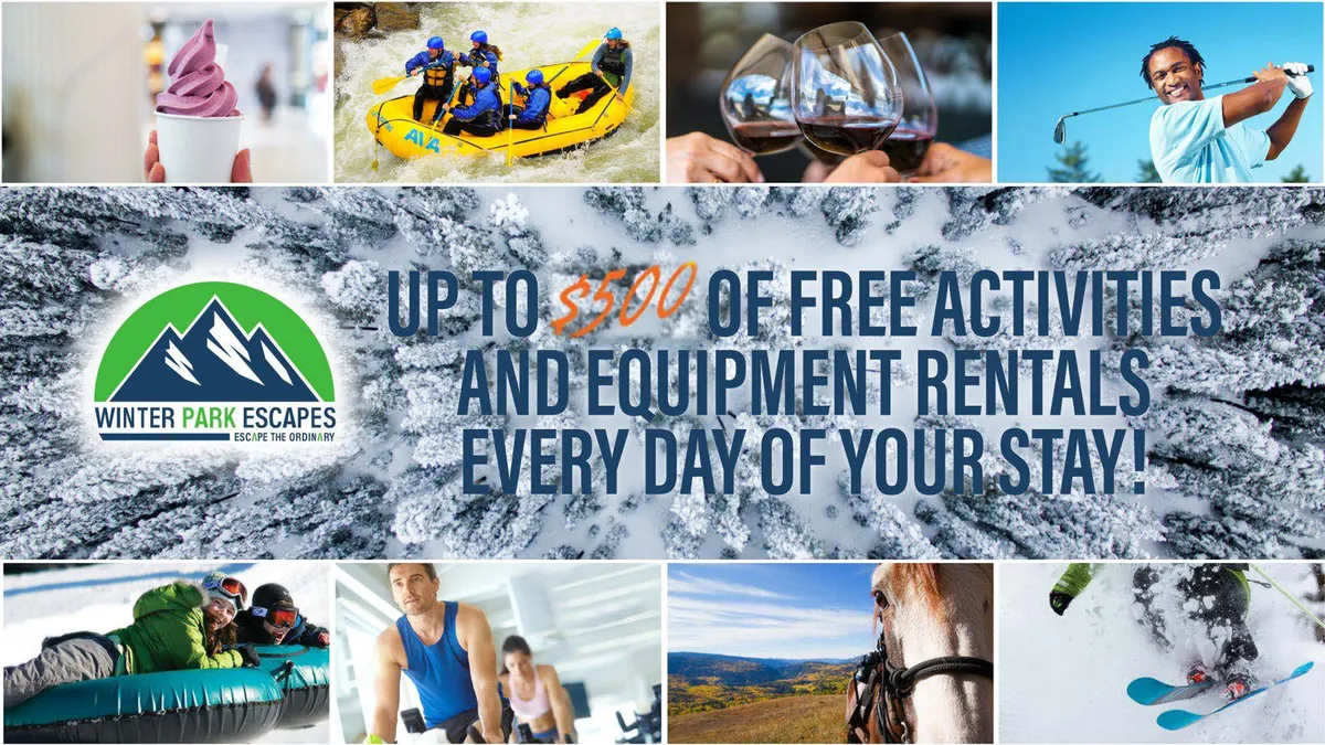 A dynamic collage-style view of people engaging in various resort and mountain activities: rafting, skiing, mountain biking, horseback riding, and savoring local food and drinks, set against beautiful natural landscapes. The image radiates a sense of excitement and adventure across the seasons.